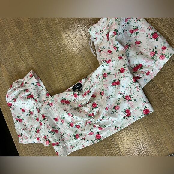 Lulus Cute Factor Floral Rose Print Puff Sleeve Crop Top large - Picture 7 of 9